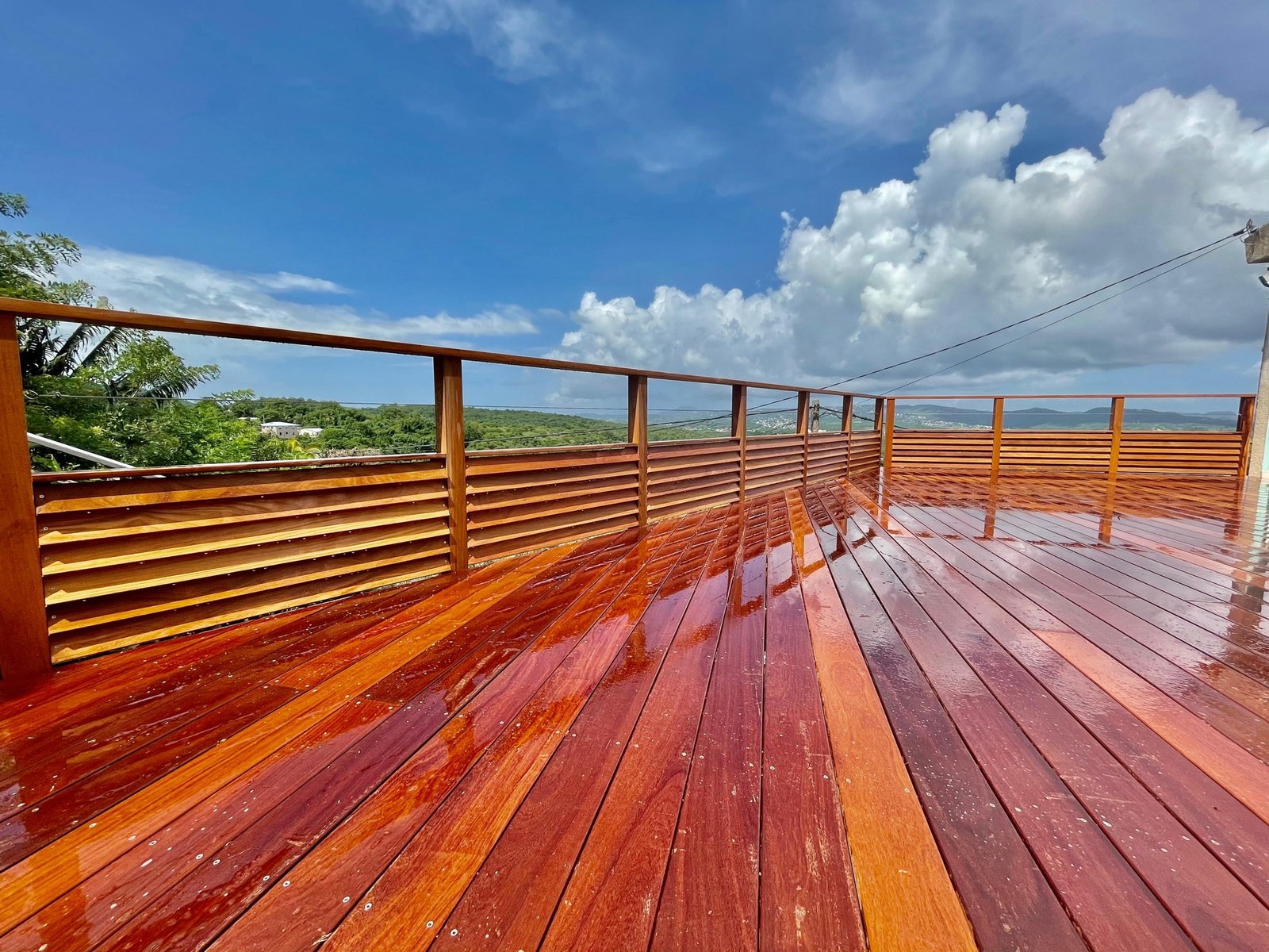 Terrasse en bois avec garde-corps et brise-vue